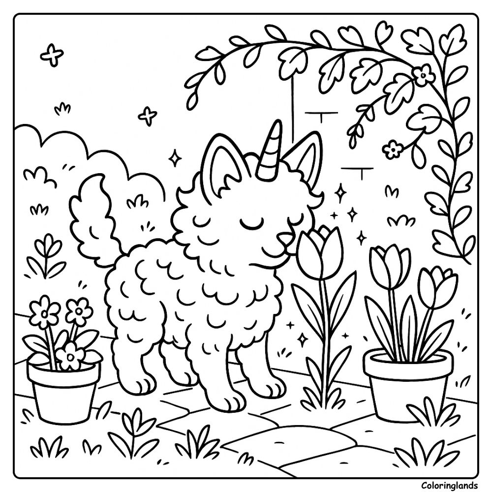 Un chat licorne explore un jardin de tulipes colorées.