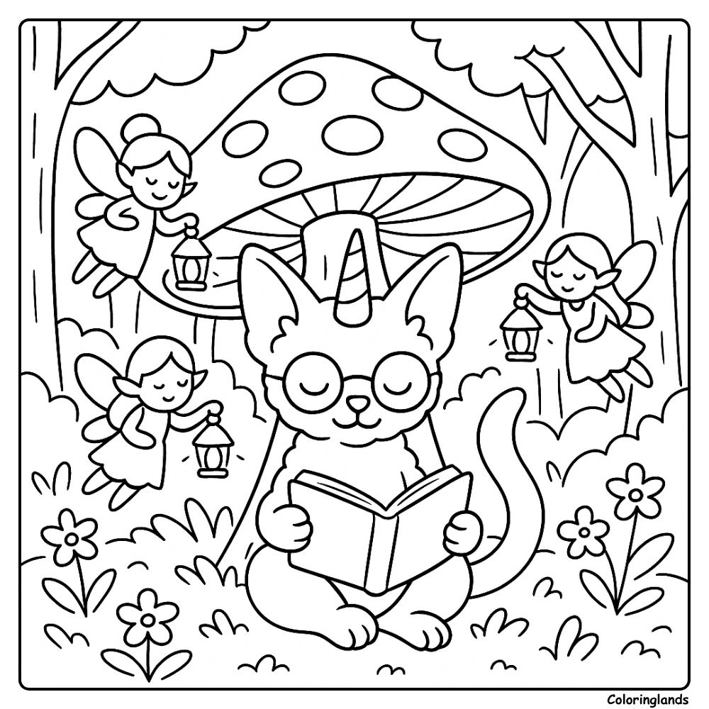 Coloriage chat licorne avec lanternes et esprits de la forêt