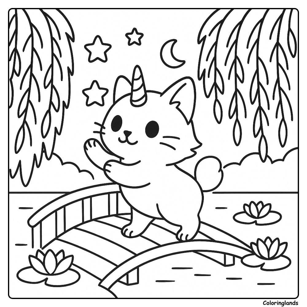 Coloriage chat licorne paisible avec lune, étoiles, nénuphars