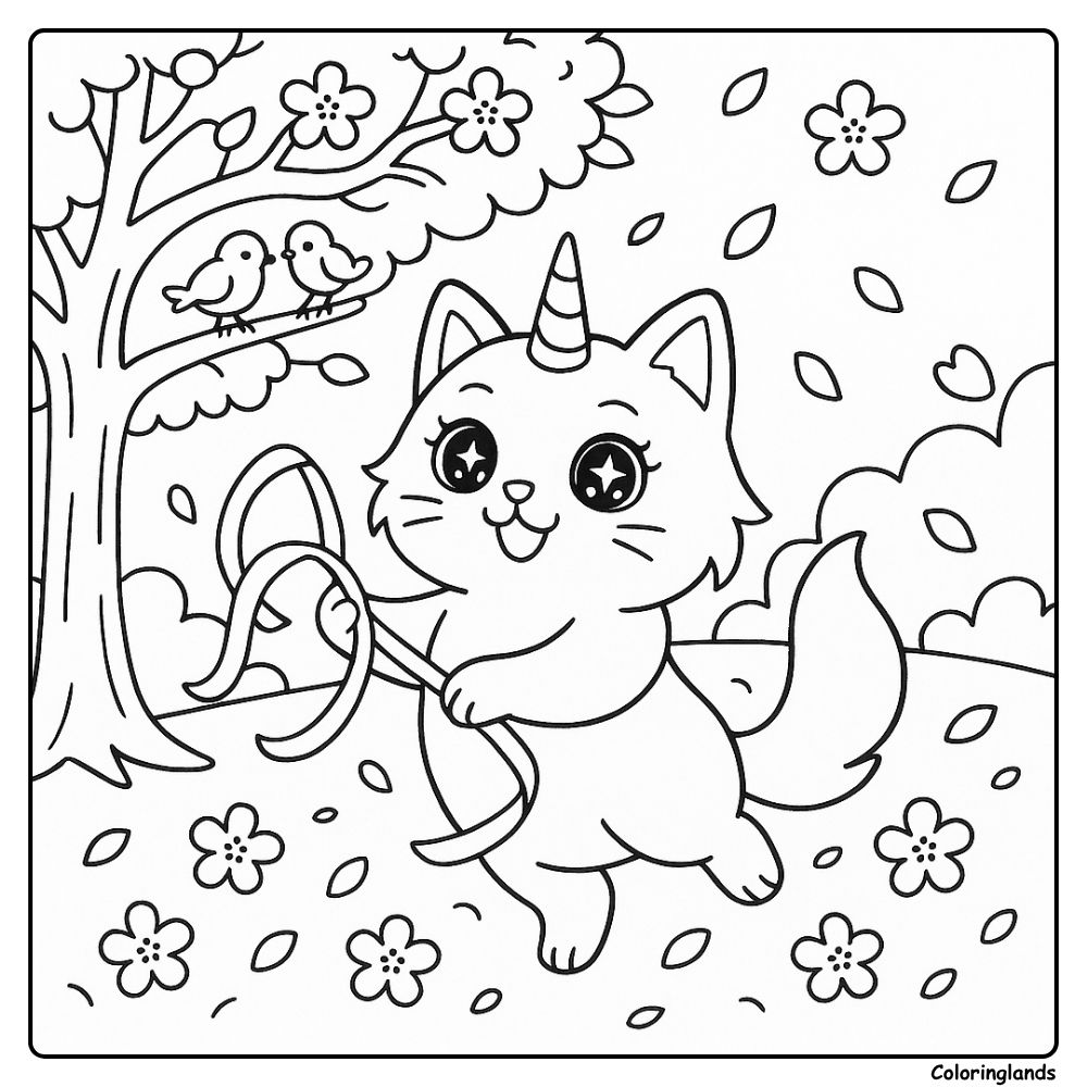 Coloriage chat licorne joyeux avec pétales et oiseaux