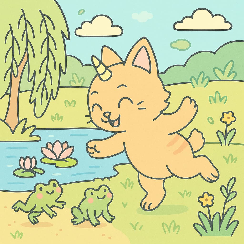 Dessin de chat licorne près des lys et d'un saule au bord de l'étang