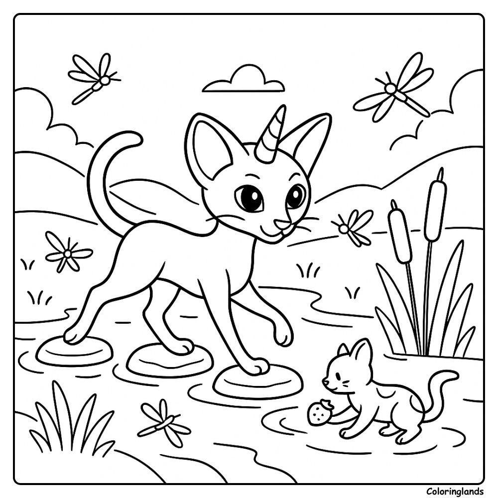 Coloriage chat licorne avec libellules et roseaux