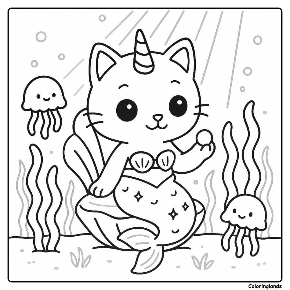 Coloriage chat licorne sirène sur un coquillage avec méduses