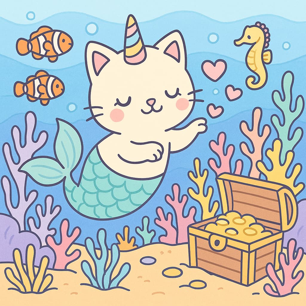 Dessin ludique de chat licorne sirène avec corail et pièces