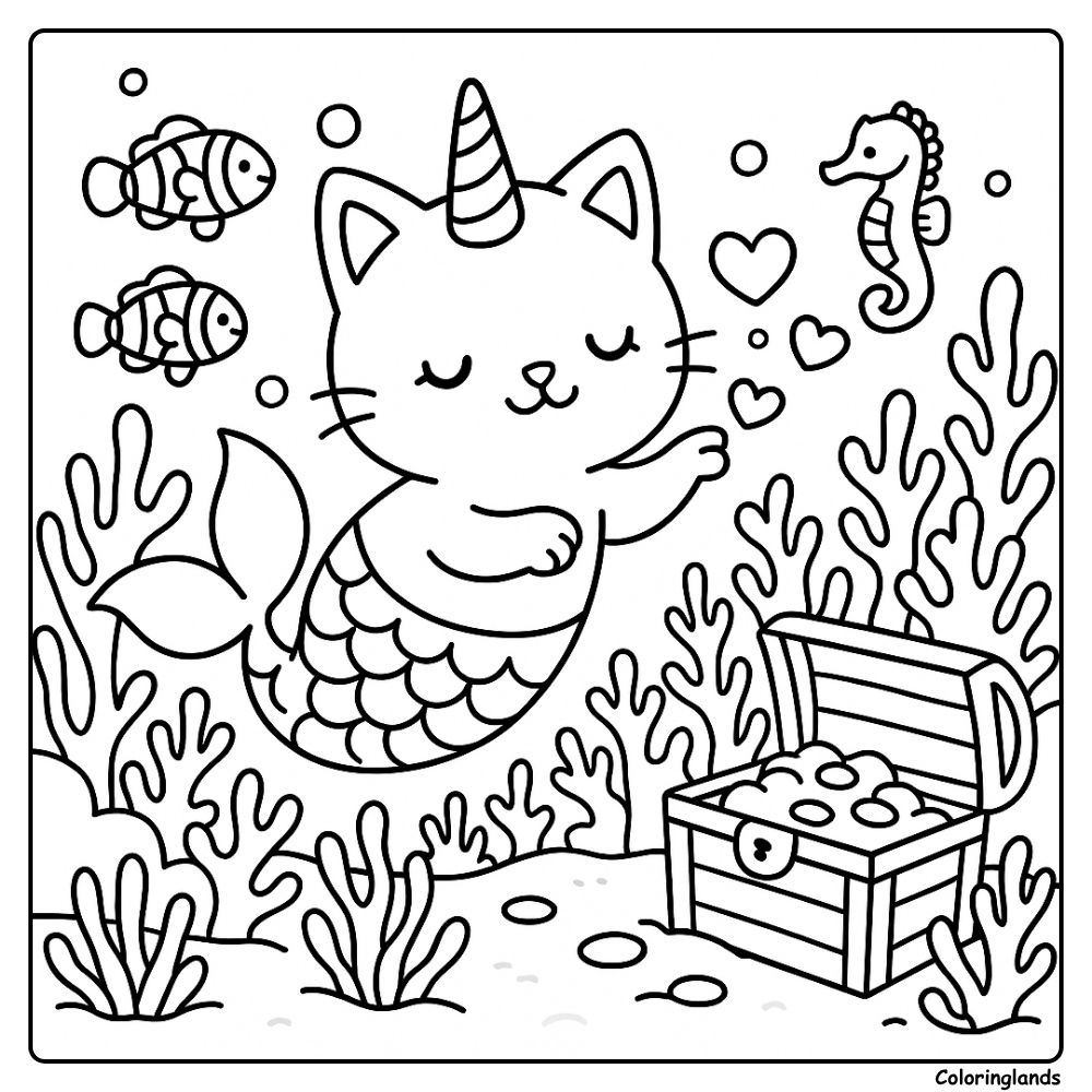 Coloriage chat licorne sirène avec poissons et hippocampe