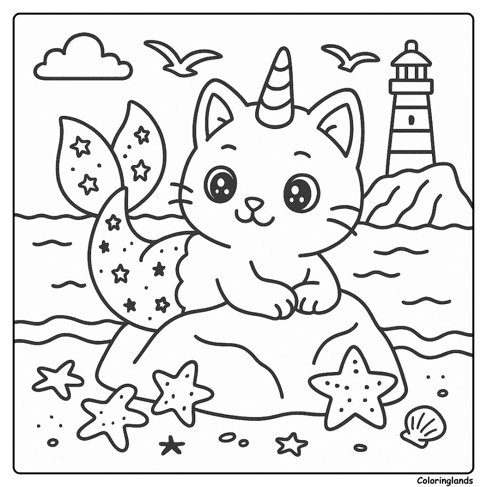 Coloriage chat licorne sirène avec phare et étoiles
