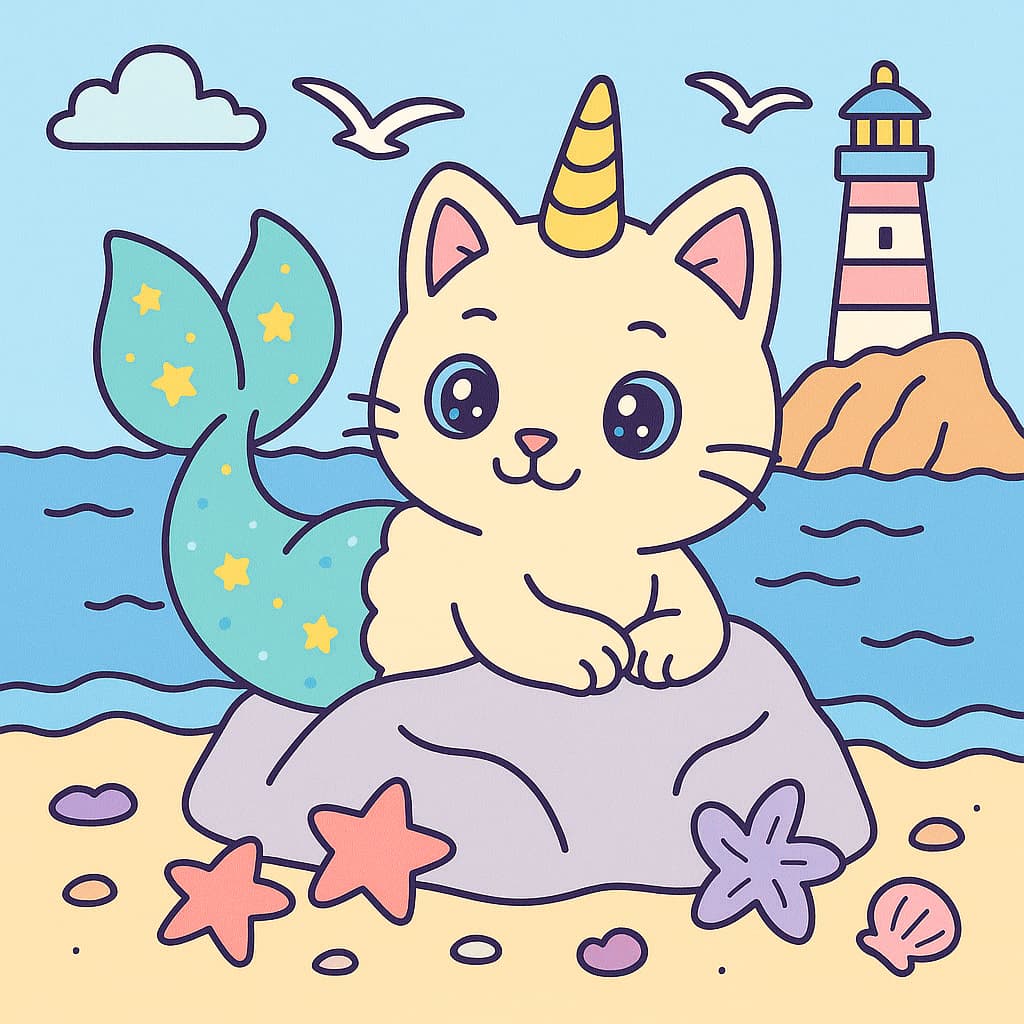 Dessin de chat licorne sirène avec phare et étoile de mer