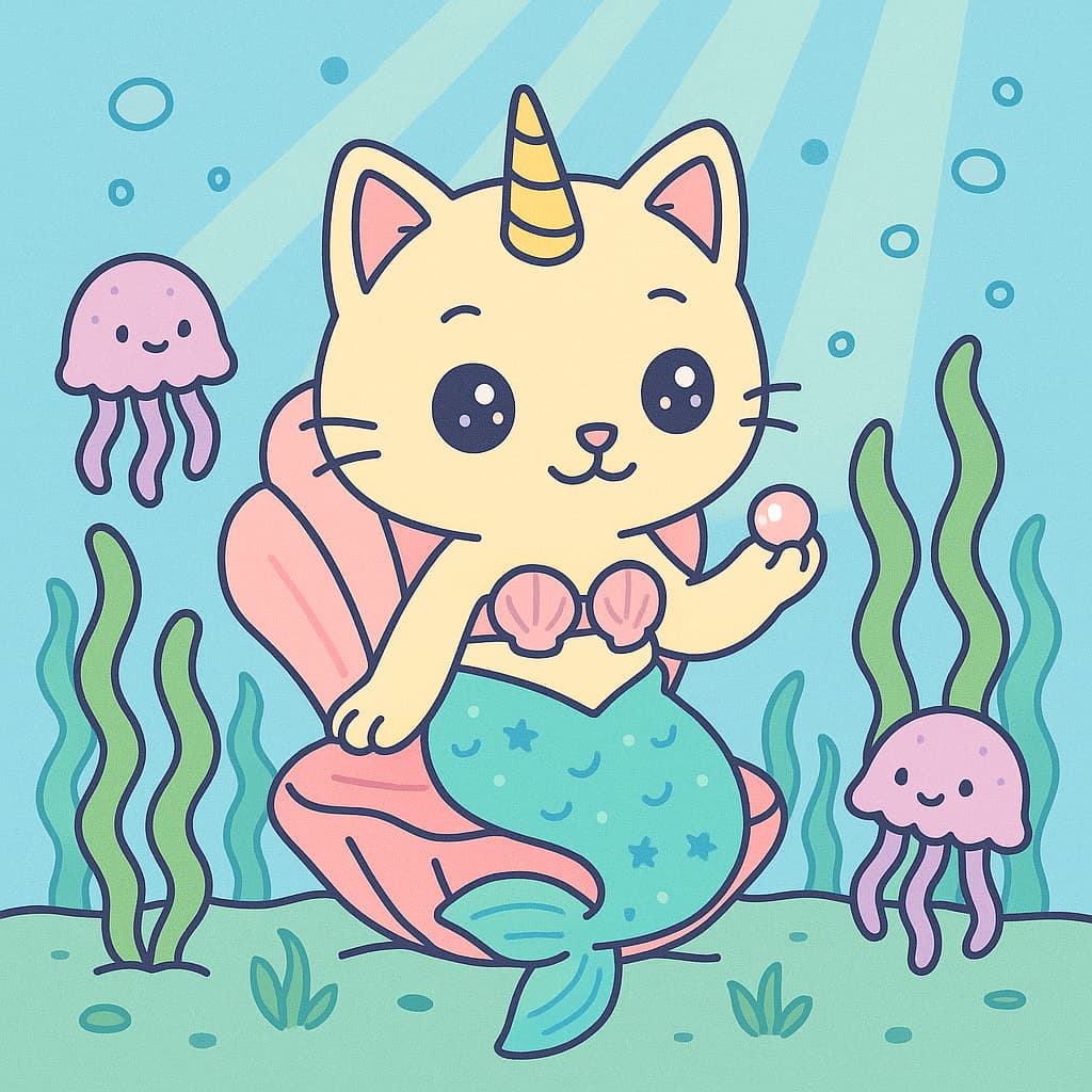 Chat licorne sirène sous l'eau avec méduse joyeuse