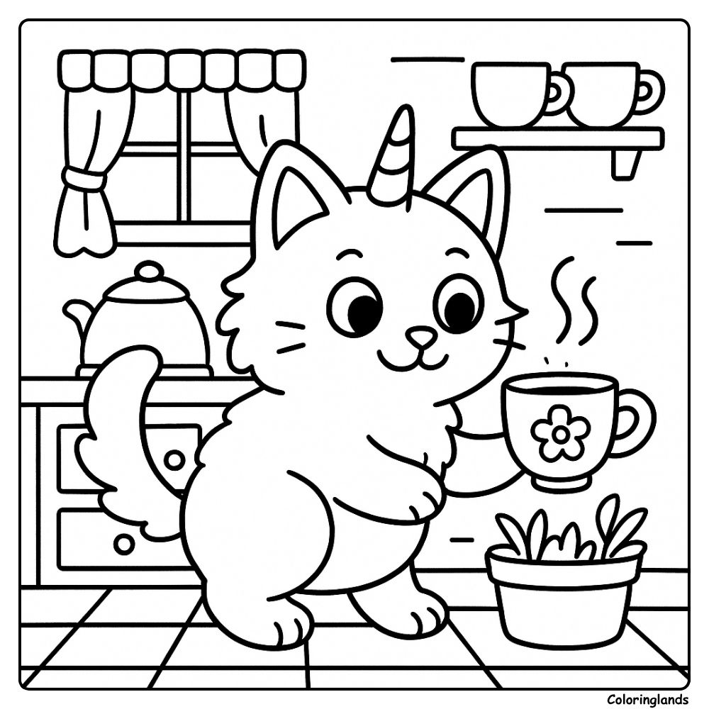 Coloriage chat licorne avec tasses et théière