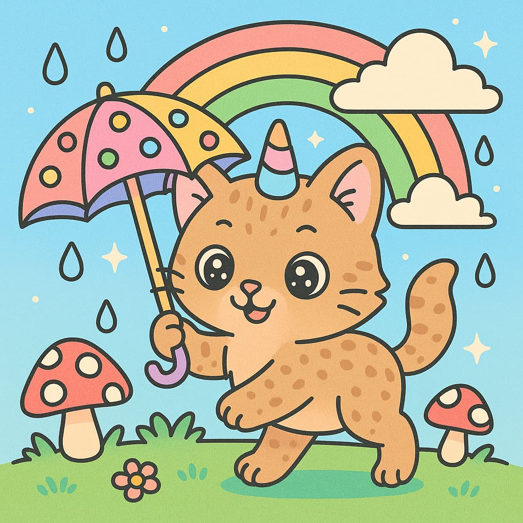 Dessin de chat licorne mignon marchant sous la pluie avec arc-en-ciel