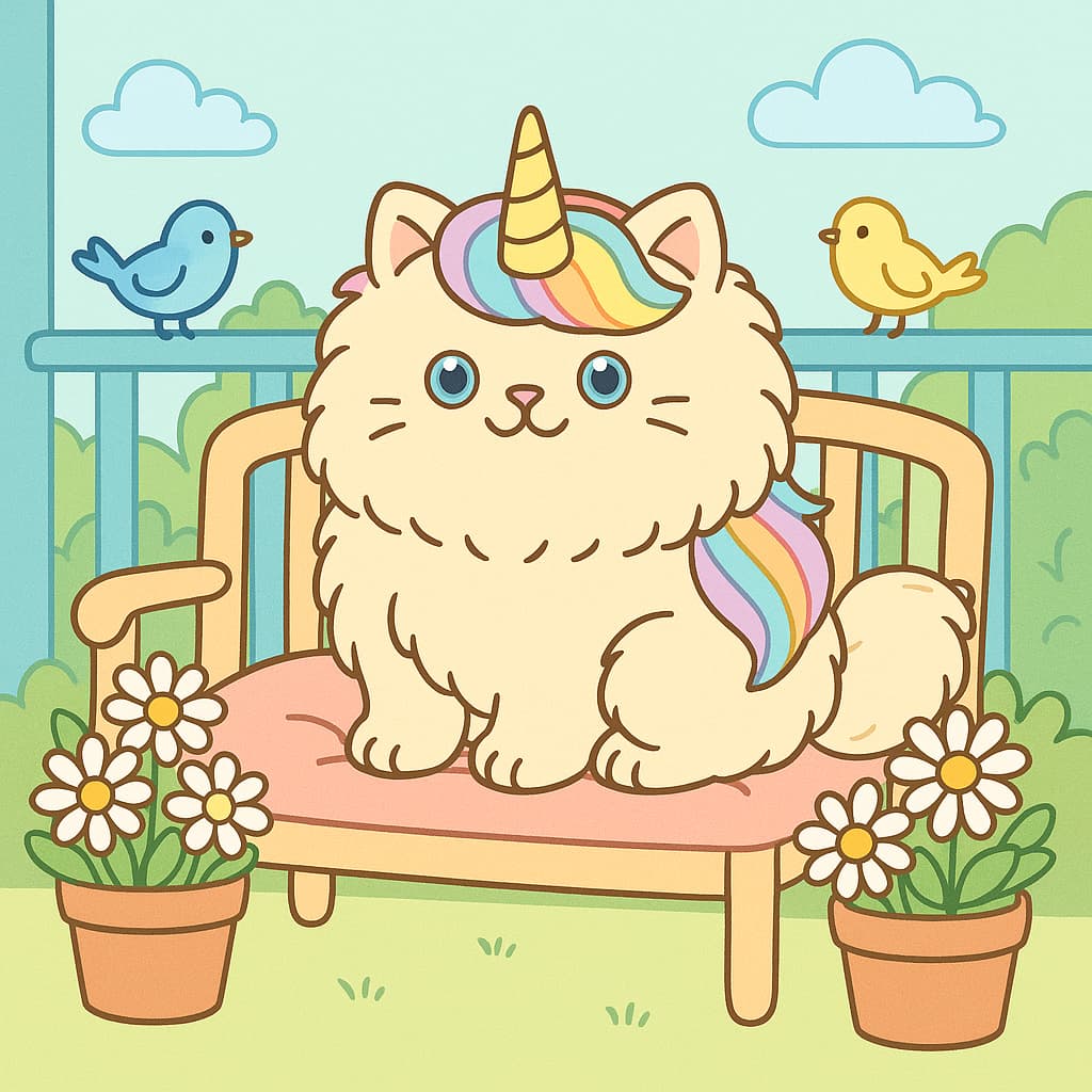 Dessin de chat licorne se relaxant dehors avec des marguerites et des oiseaux