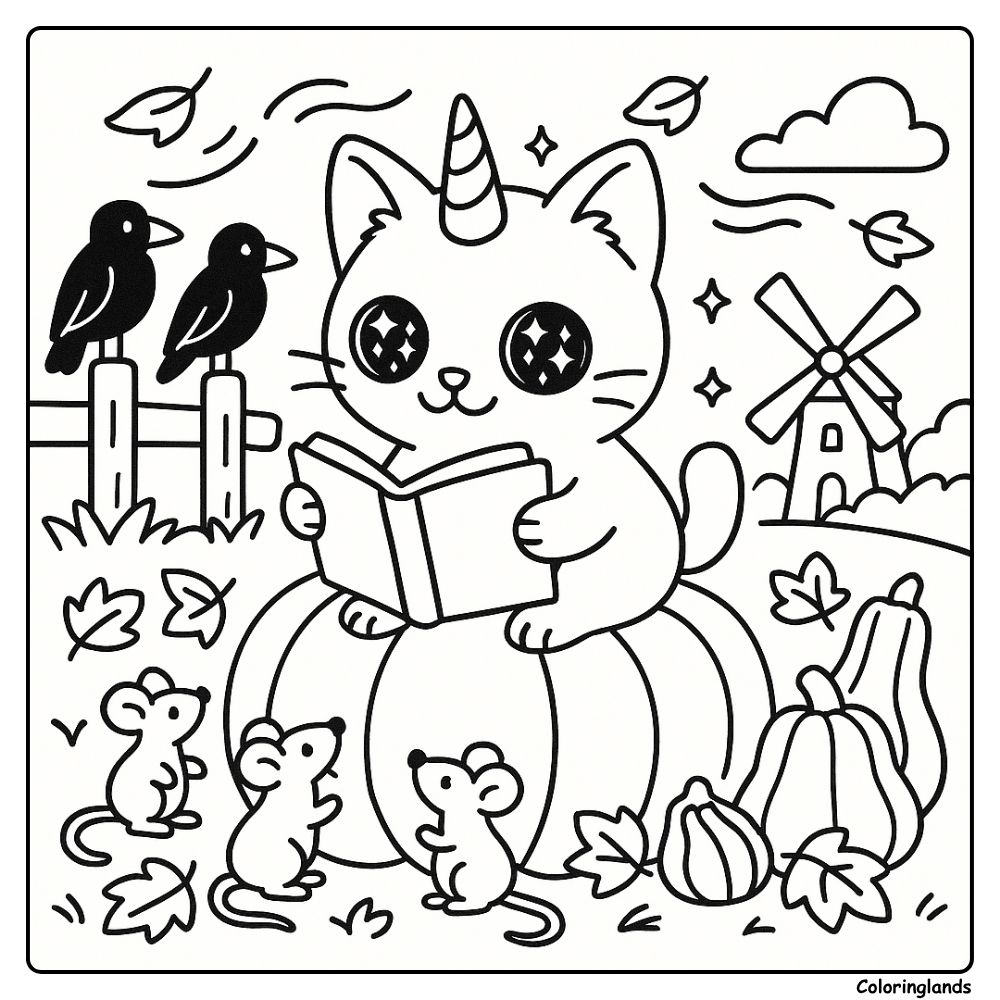 Coloriage chat licorne en automne avec souris et moulin à vent