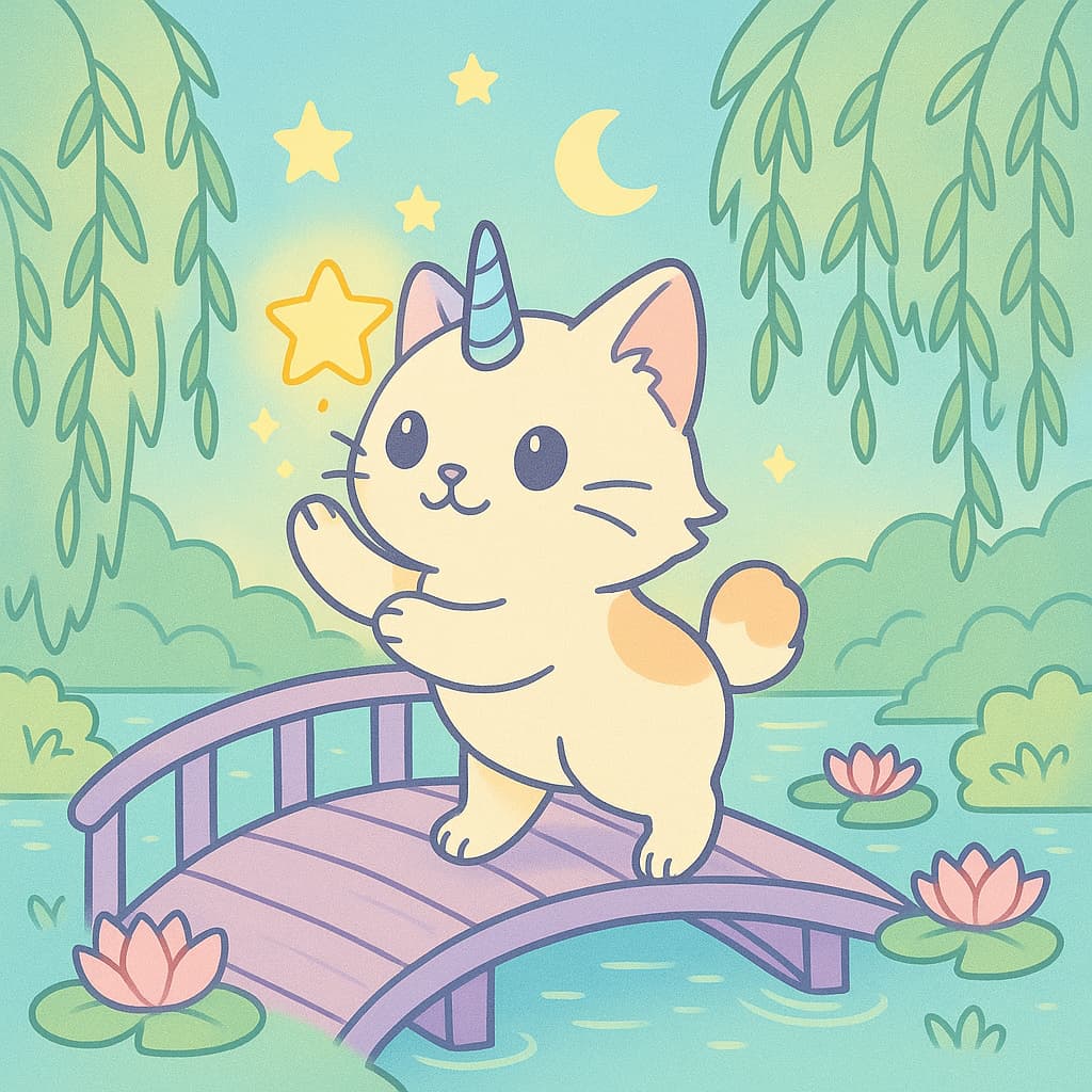 Dessin de chat licorne sur un pont sous la lune et les lys