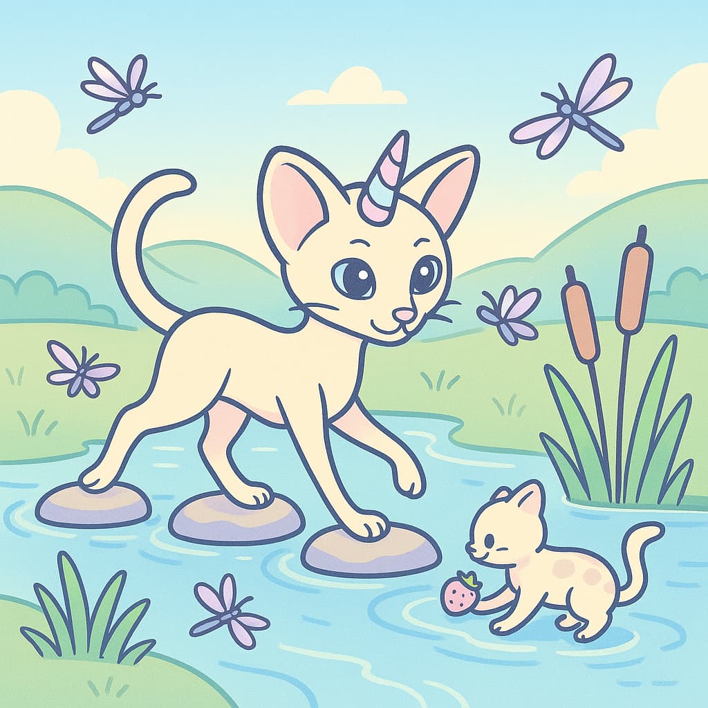 Dessin de chat licorne traversant des pierres de rivière