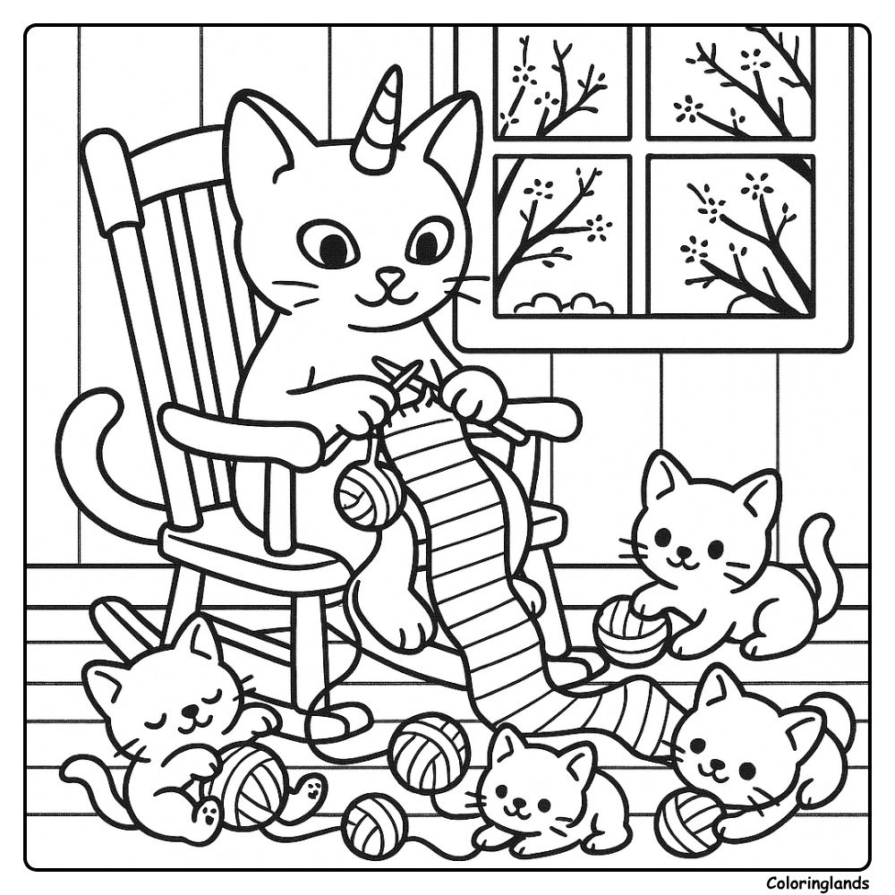 Coloriage chat licorne avec laine, chaise berçante, fenêtre
