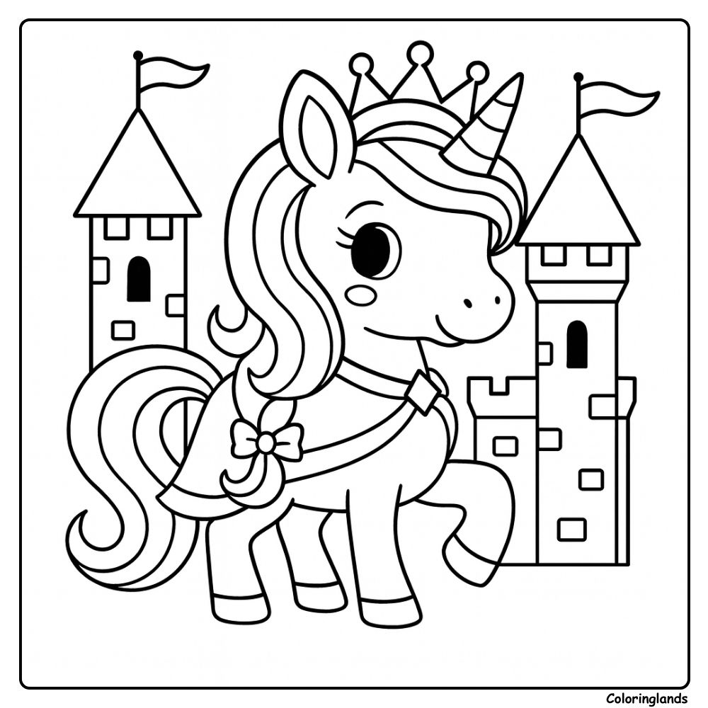 Coloriage licorne arc en ciel avec tours, drapeaux et couronne