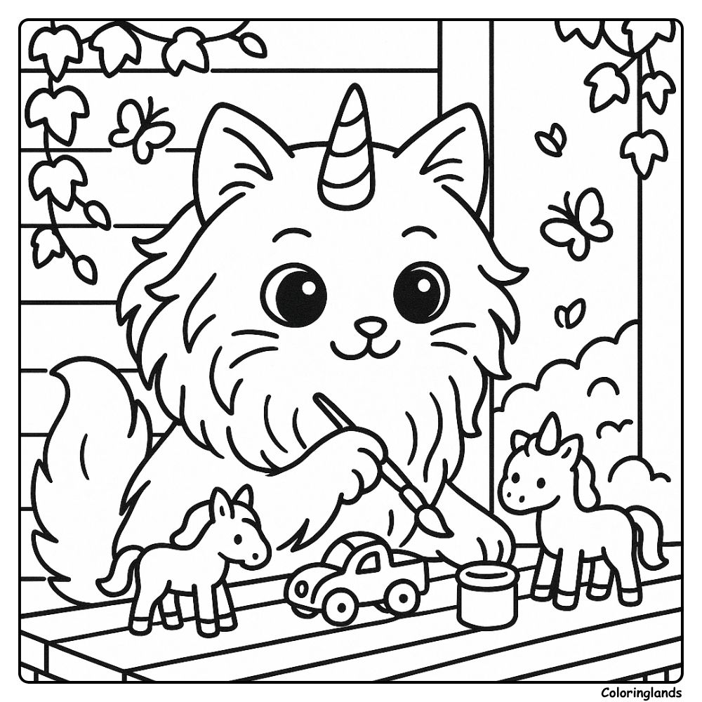 À la table du jardin, le coloriage chat licorne s'anime