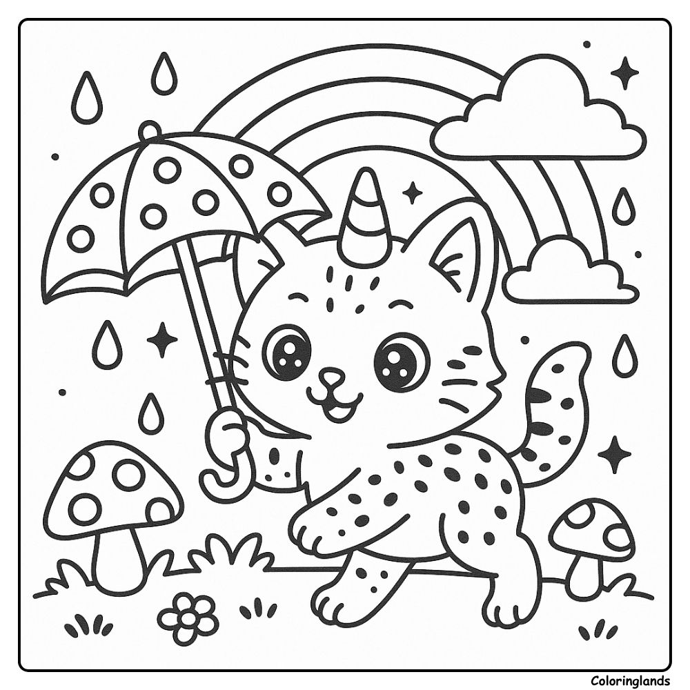 Scène de promenade sous parapluie dans un coloriage chat licorne kawaii avec arc-en-ciel