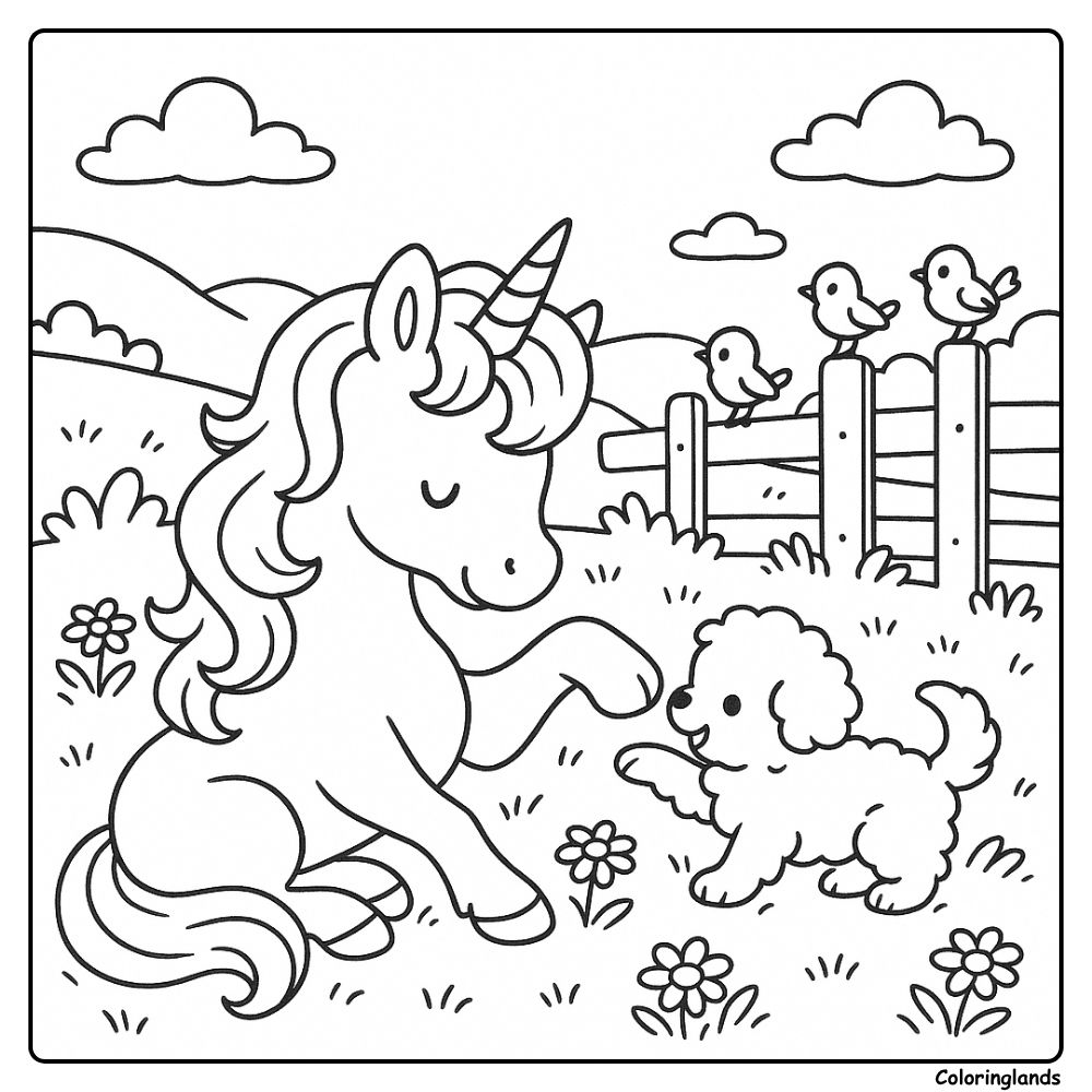 Un coloriage licorne mignons et faciles dans un champ avec un petit chien
