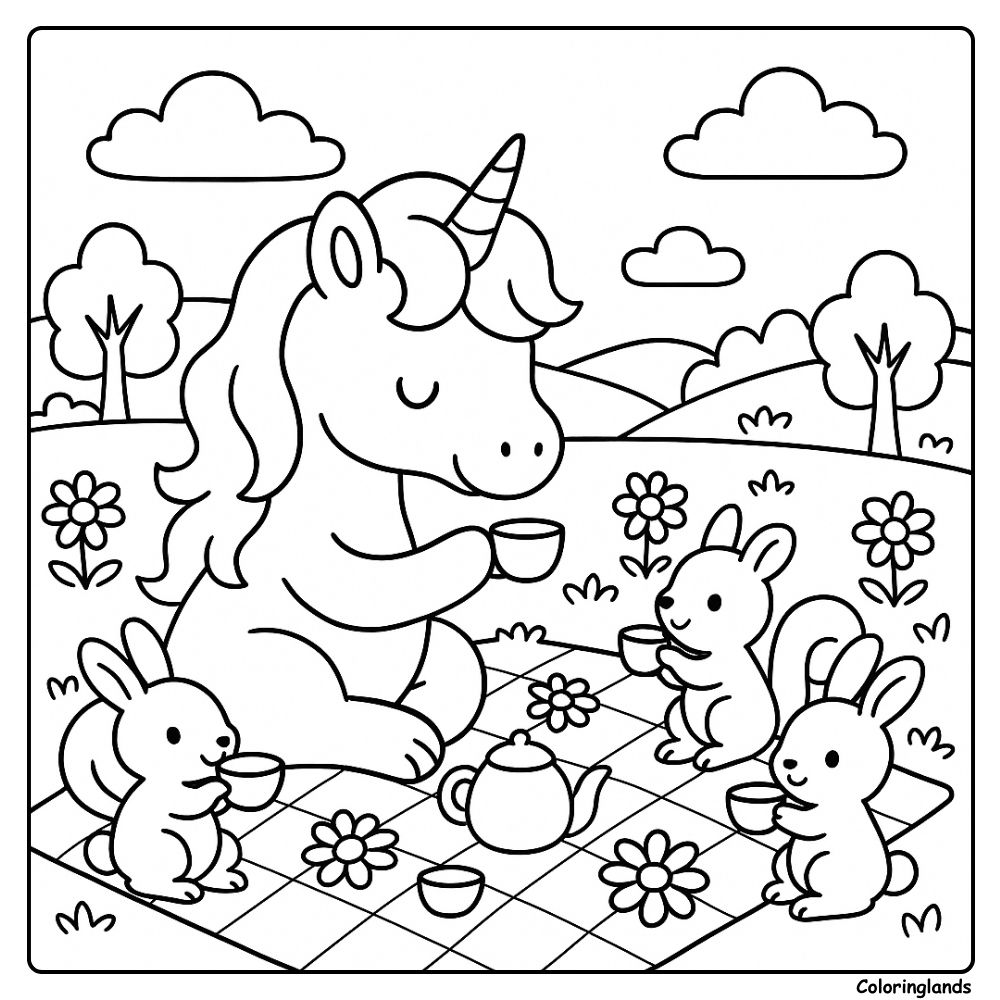 Scène de coloriage licorne facile avec un pique-nique printanier