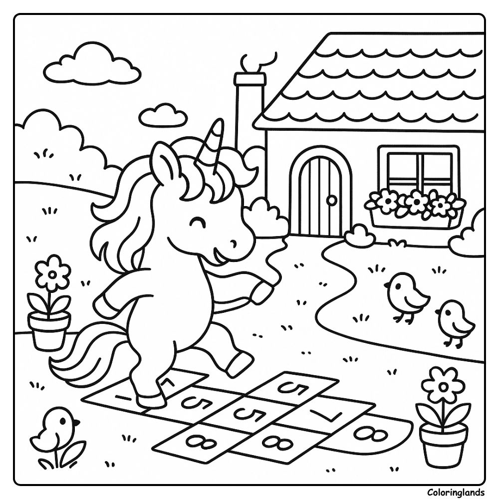 Une licorne mignonne et facile joue à la marelle dans le jardin