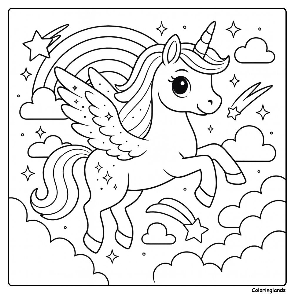 Page de coloriage licorne volante mignonne au-dessus des étoiles et des nuages doux