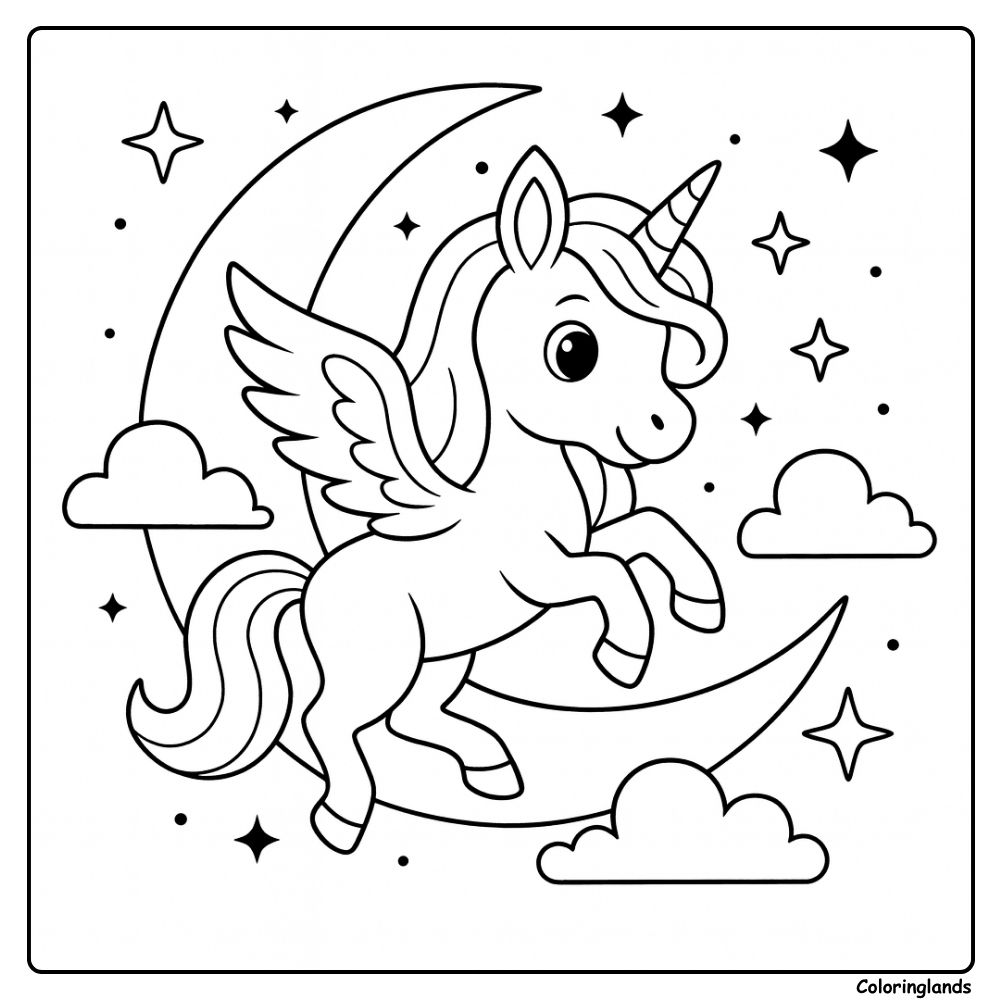 Coloriage licorne volante avec des nuages de nuit
