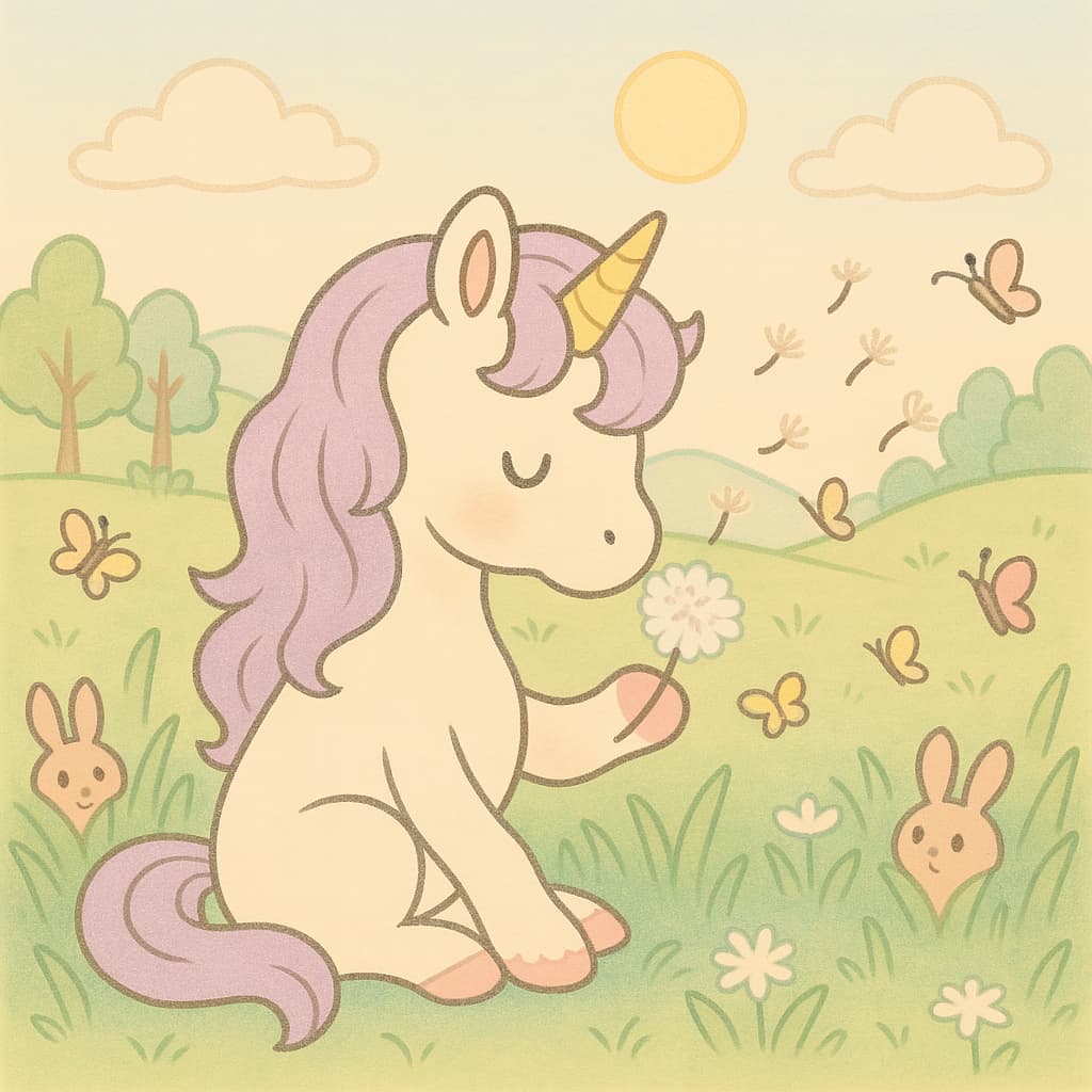 Coloriage licorne facile avec pissenlit et lapins timides.