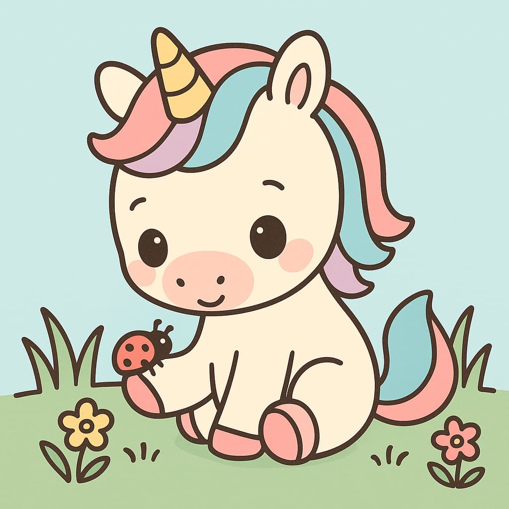 Coloriage licorne facile admirant une coccinelle
