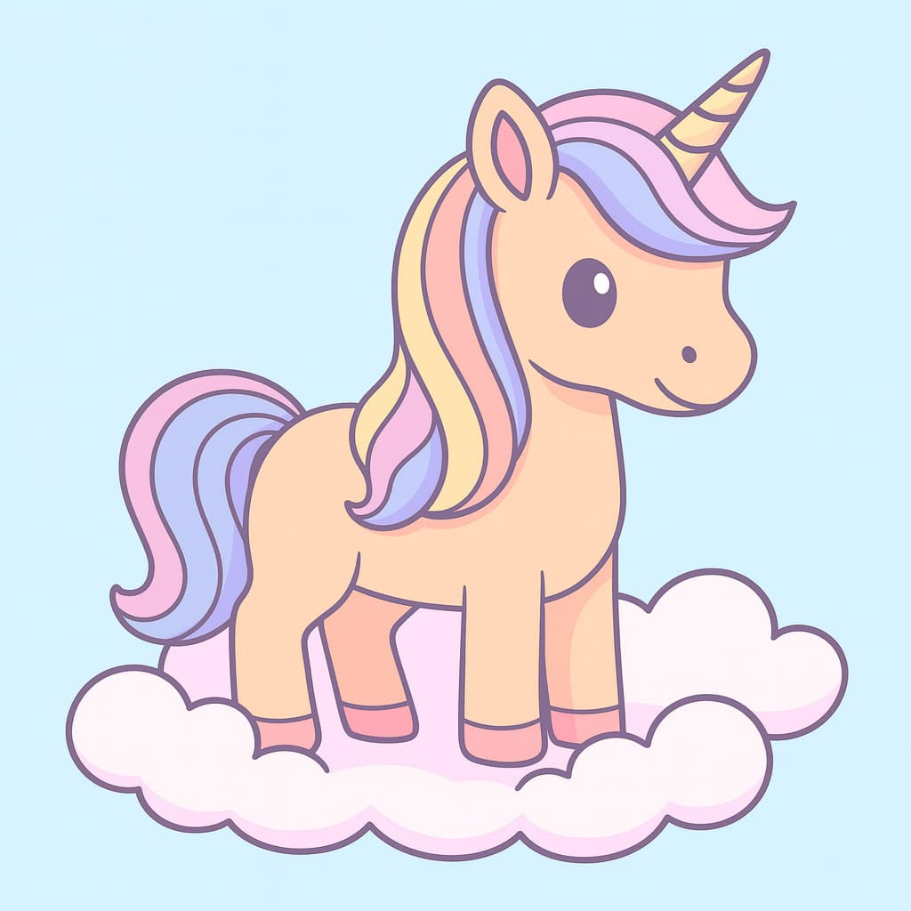 Coloriage licorne facile avec crinière pastel arc-en-ciel sur nuages