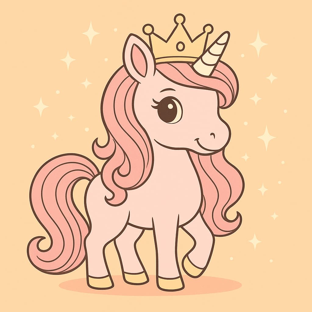 Coloriage licorne facile avec poney royal et fond pastel étoilé