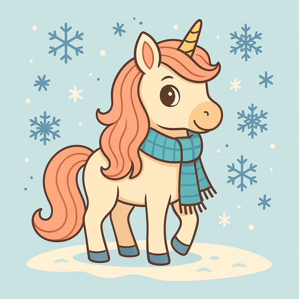 Scène hivernale de coloriage licorne facile avec ambiance cosy
