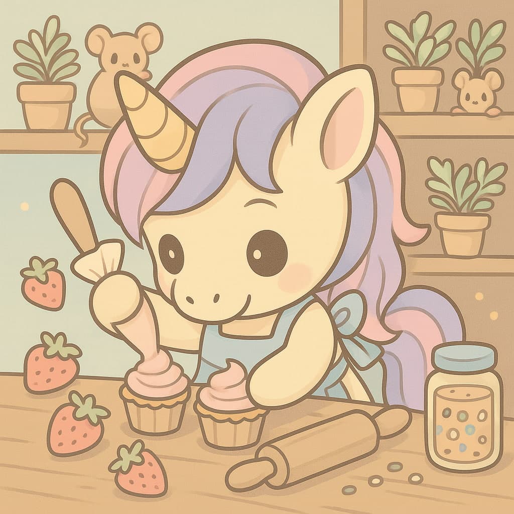 Coloriage licorne facile dans une cuisine avec des vermicelles à proximité