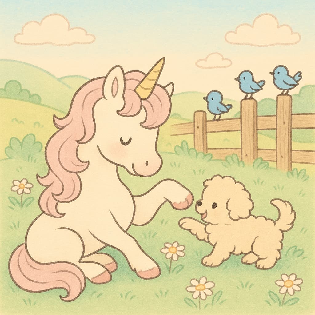 Coloriage licorne facile jouant doucement avec un chiot fluffy.