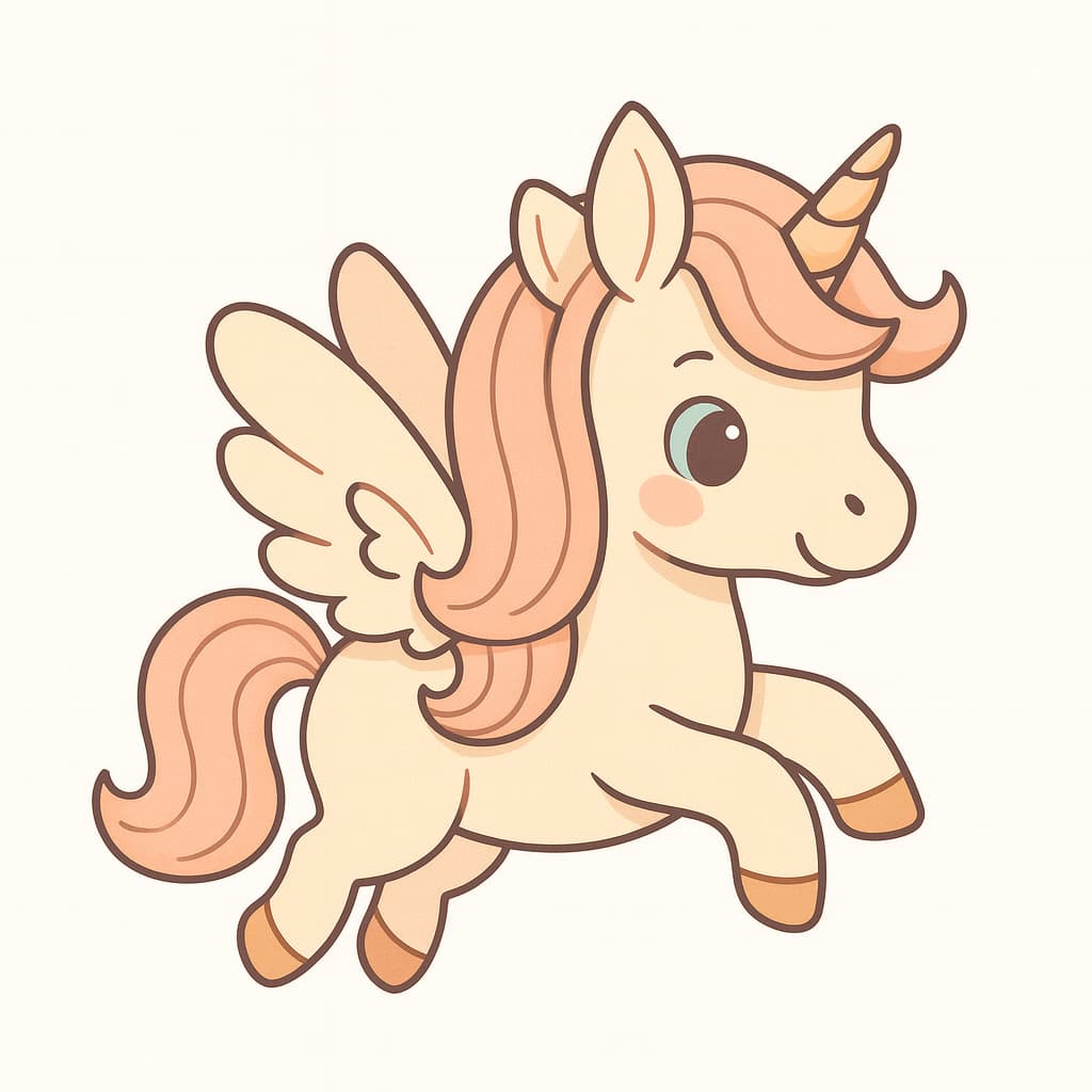 Coloriage licorne facile en vol avec crinière pêche et ailes douces