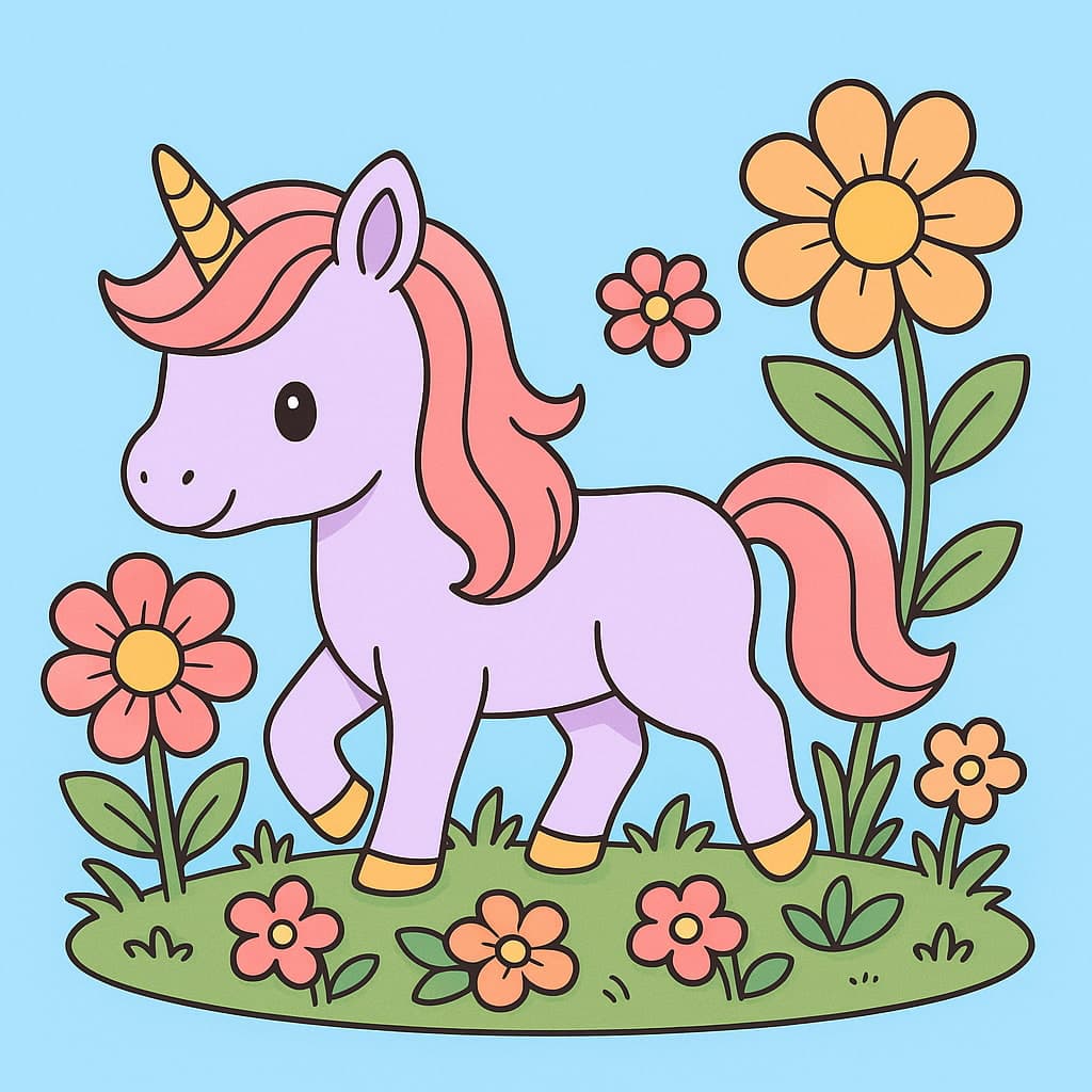 Scène printanière ludique avec une licorne et des marguerites