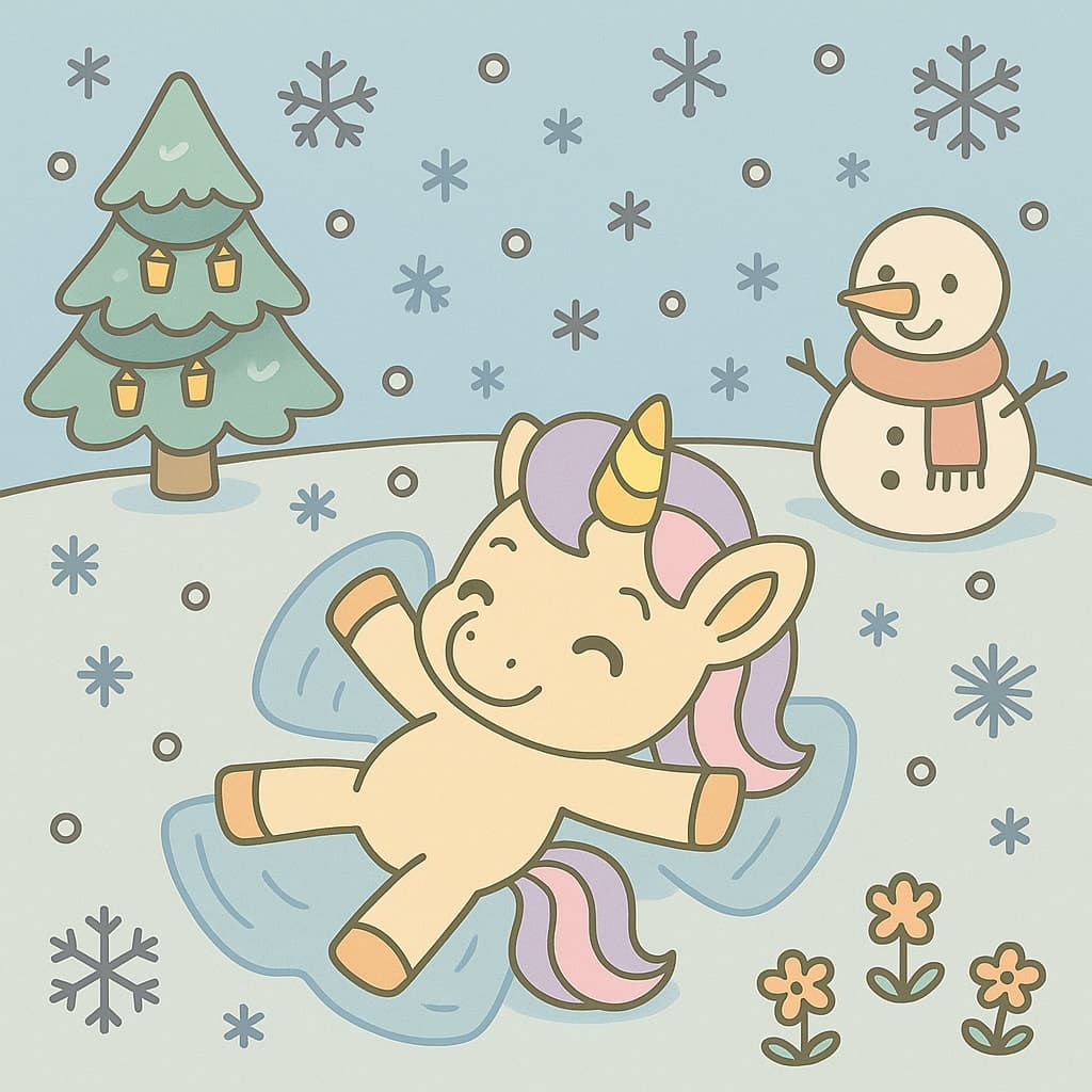 Coloriage licorne facile avec flocons, arbre et bonhomme de neige