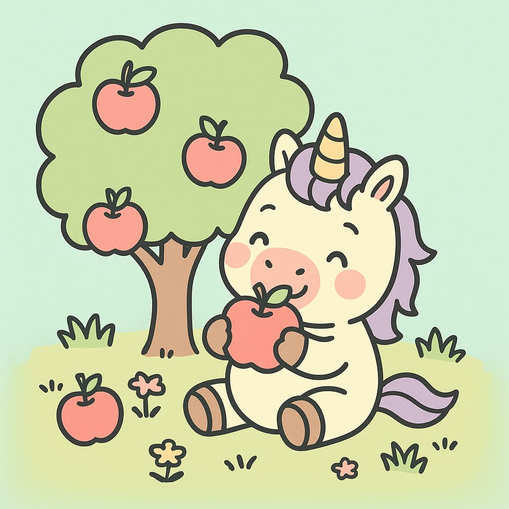 Coloriage licorne facile dans un verger en quête de fruits