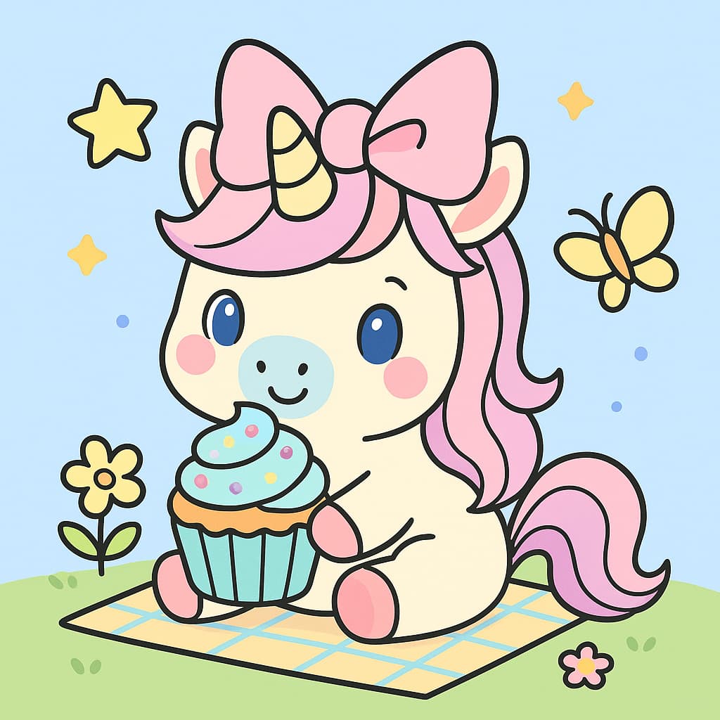 Coloriage licorne facile en train de savourer un cupcake