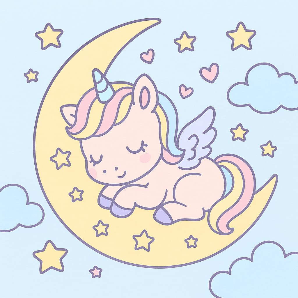 Coloriage licorne facile endormie sur un croissant de lune