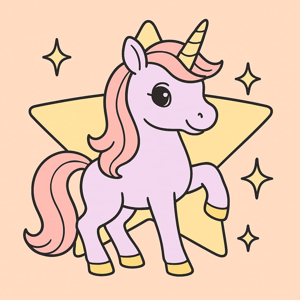 Coloriage licorne facile devant une étoile brillante et des étincelles