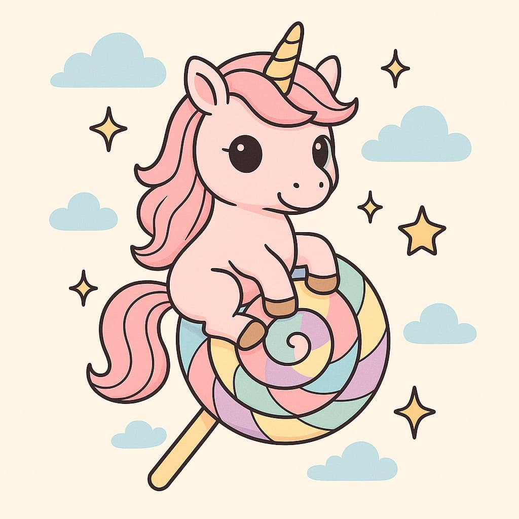 Coloriage licorne facile sur bonbon tourbillon avec étoiles