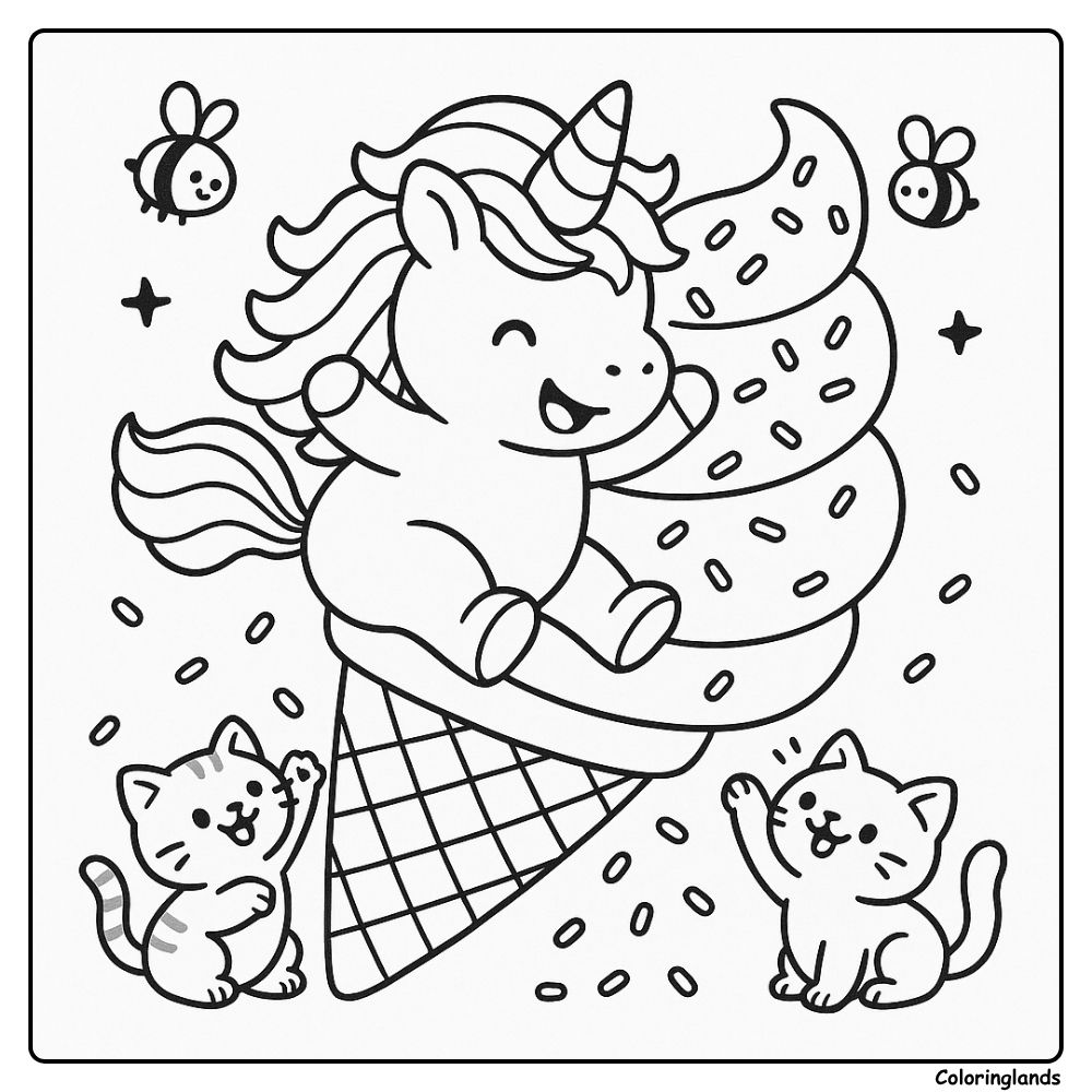 Coloriages de bébé licorne arc en ciel sur un cône géant