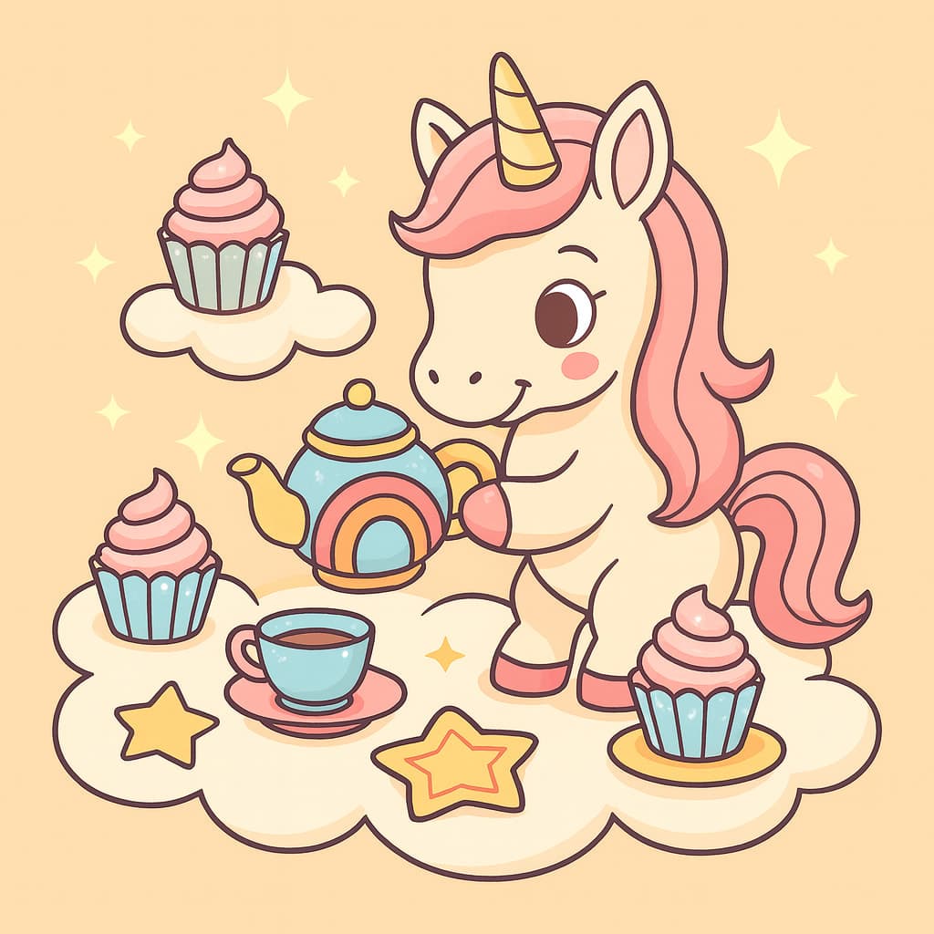 Licorne sur nuage servant du thé avec arc-en-ciel et desserts