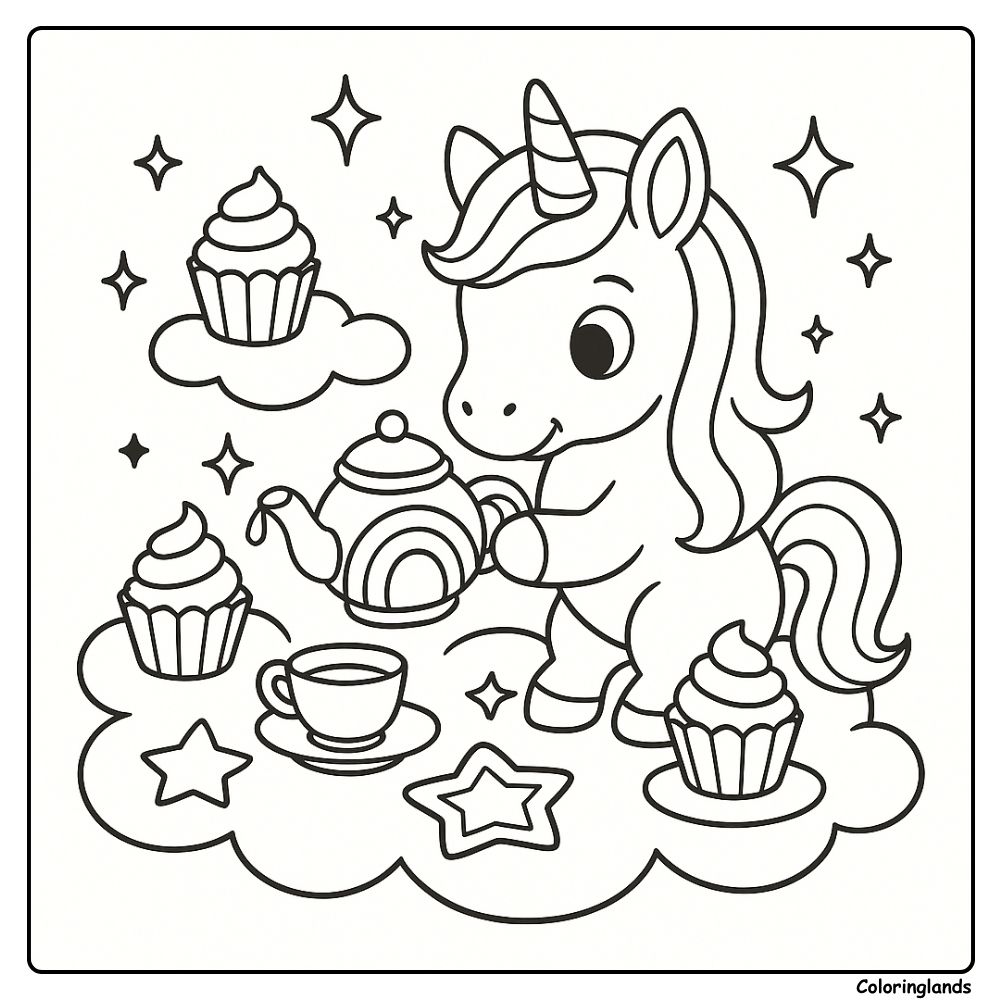 Coloriage licorne arc en ciel servant du thé parmi les étoiles et douceurs.