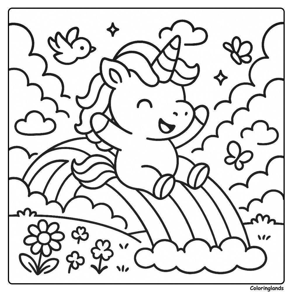 Coloriage licorne arc en ciel avec nuages, oiseaux et papillons