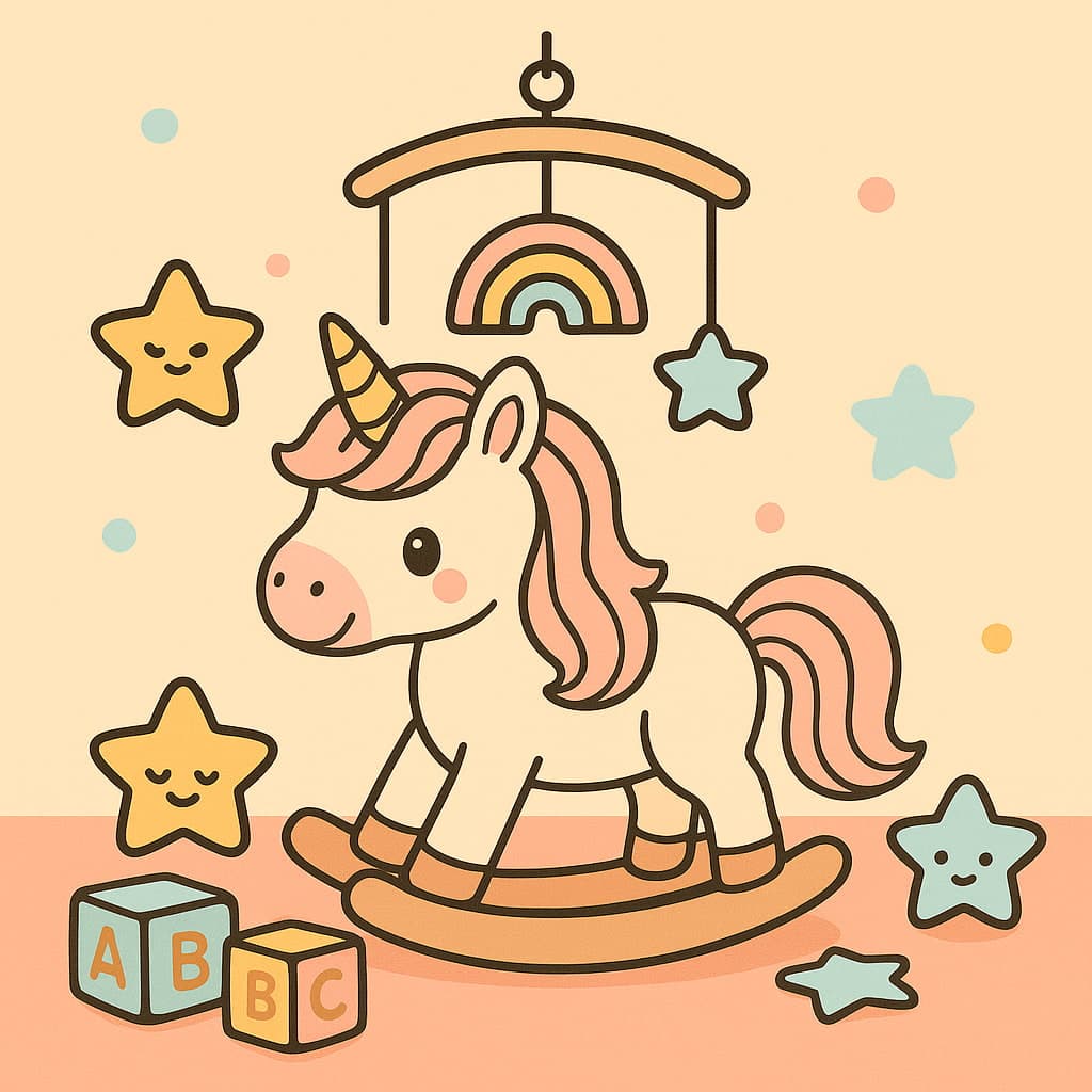 Dessin mignon de licorne avec jouets et étoiles