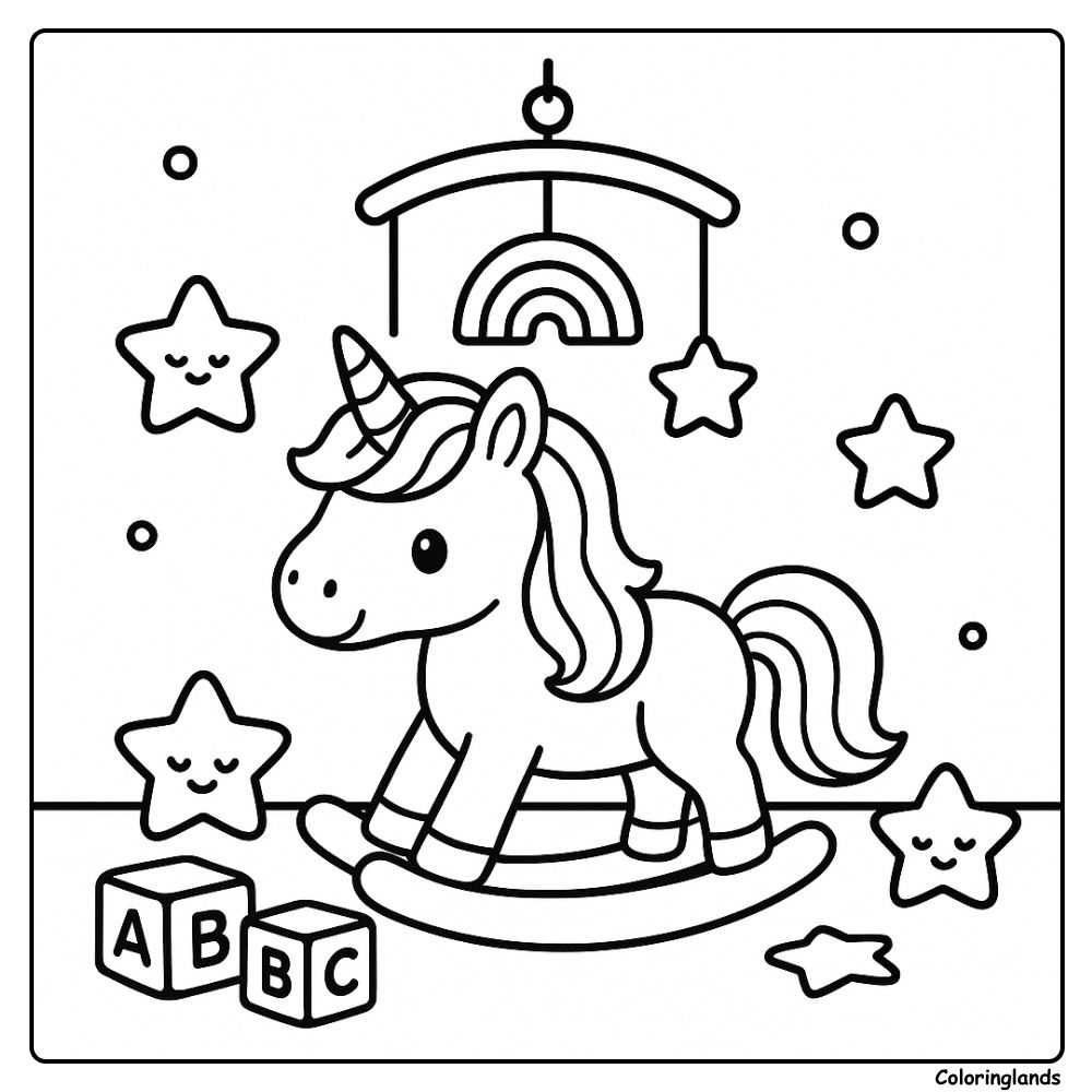 Coloriage licorne arc en ciel sur jouet à bascule sous mobile arc-en-ciel
