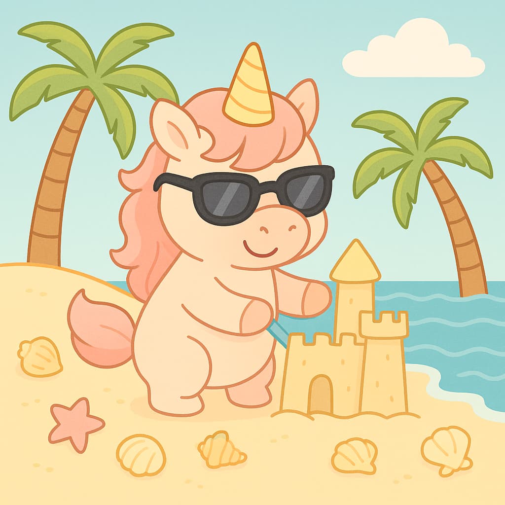 Licorne en bord de mer pour enfants avec lunettes et château