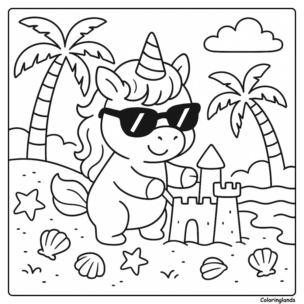 Coloriage enfant licorne avec coquillages, palmiers et vagues